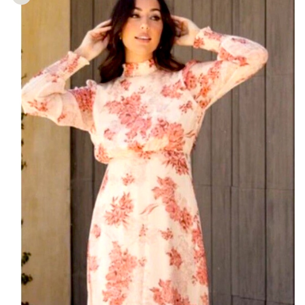 Baltic Born Luciana Long Sleeve Maxi Dress Beige & Rose Floral Size L